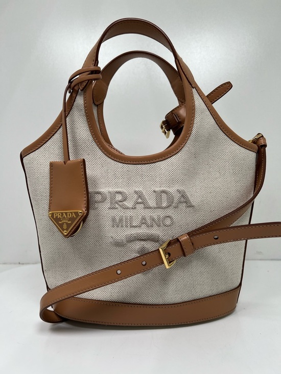 Prada Handbags - Prada Medium Canvas Leather Logo Tote Bag Natural Tan Crossbody Shoulder Italy